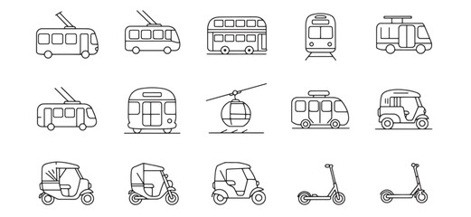 Collection of minimalist black and white public transportation icons for design projects