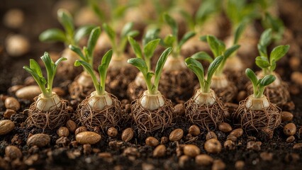 Close up of small green plants sprouting from bulbs in soil with small pebbles arranged in rows