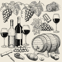 Vintage set of wine production elements in a classic engraved illustration style, featuring grapes, bottles, and barrels.