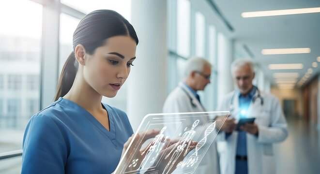 Focused nurse reviews medical chart in modern hospital corridor