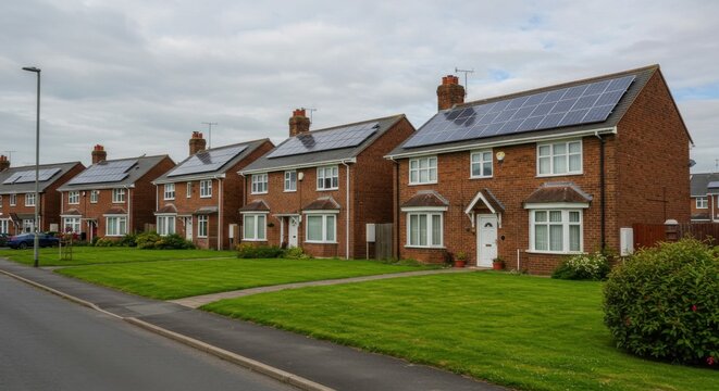 Modern UK suburban houses with solar panels on roofs and green lawns