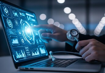 Doctor interacting with advanced medical technology on a futuristic digital interface