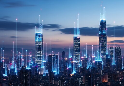 Futuristic cityscape with glowing blue lights and tall skyscrapers at dusk