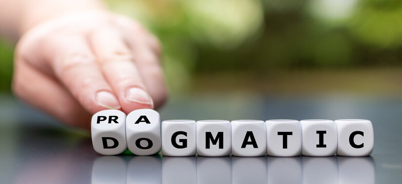 A image depicting the shift from dogmatic to pragmatic thinking,symbolized by turning dice. Ideal for illustrating concepts like adaptability, critical thinking, leadership change, and decision-making