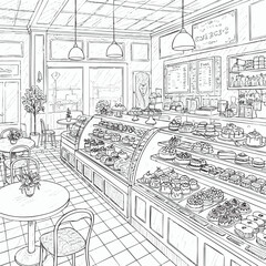 Bakery shop interior vector illustration. Detailed black and white sketch of a patisserie with cake displays and seating.