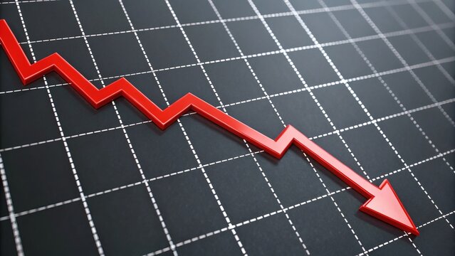 3D red jagged line graph descending on black grid background with downward arrow. Symbolizes stock market crash, financial loss, or economic decline in a clean, serious design.