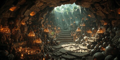 Illuminated cave interior with stone steps and decorative urns and jars under a natural skylight