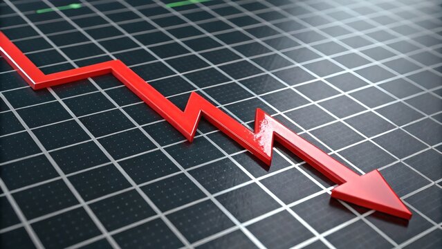 3D red jagged line graph descending on black grid background with downward arrow. Symbolizes stock market crash, financial loss, or economic decline in a clean, serious design.