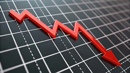 3D red jagged line graph descending on black grid background with downward arrow. Symbolizes stock market crash, financial loss, or economic decline in a clean, serious design.