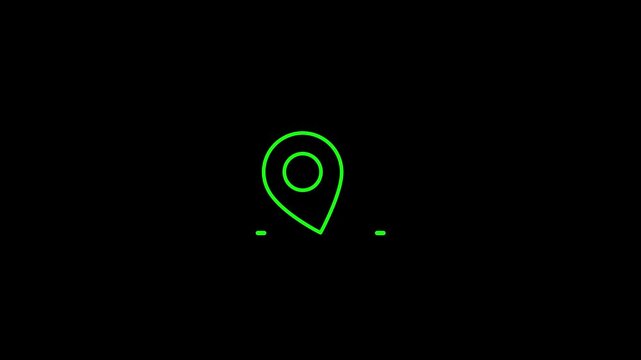 neon green location pin icon animation glowing on black background, minimal map marker symbol for navigation, gps, geolocation, tracking, delivery, travel or route planning tech videos
