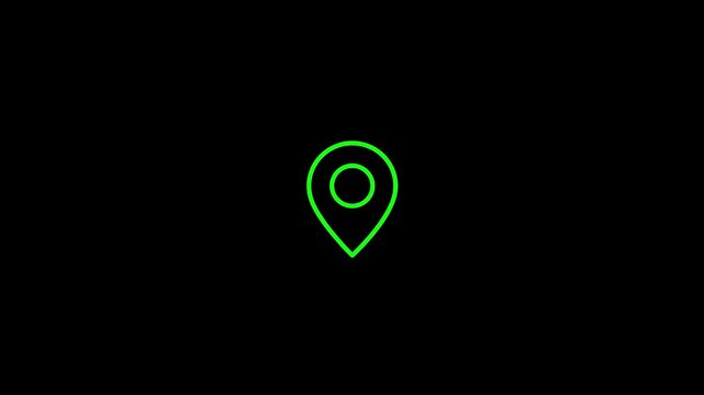 neon green location pin icon animation glowing on black background, minimal map marker symbol for navigation, gps, geolocation, tracking, delivery, travel or route planning tech videos