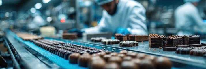 Chocolatiers work diligently in a bustling factory creating exquisite chocolates and desserts for customers