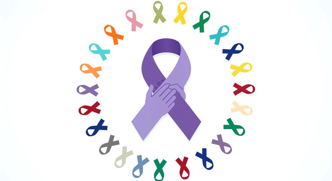 A circle of colorful awareness ribbons with hands holding a purple ribbon in the center