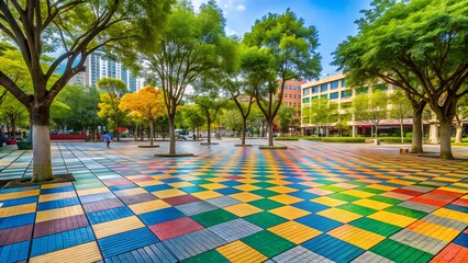 Colorful patterned plaza with trees and buildings