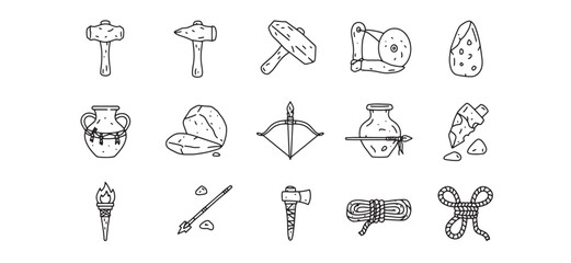 Hand drawn illustration of primitive tools and weapons isolated on white background