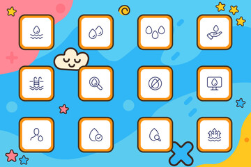 Water monitoring set icon. Line icons depict single and multiple water droplets, hand-holding water, pool, magnifier, block symbol, screen display, person, approval, and filtration flow.
