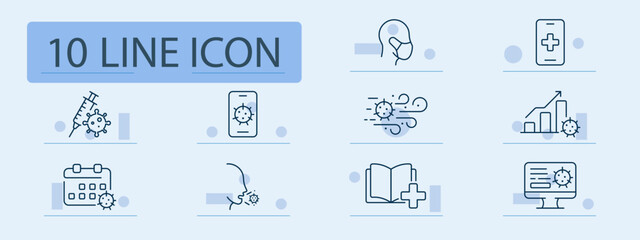 Virus awareness set icon. Includes mask, calendar, syringe, mobile alerts, virus symbol, airflow, chart spike, mouth emission, online updates, and medical data communication visuals.