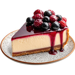 Delicious Cheesecake Slice with Fresh Berries and Sweet Sauce Drizzle, Perfect for Dessert Menus and Food Blogs, High-Resolution Image for Culinary Projects on transparent background