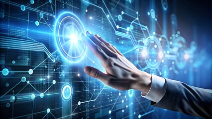 Hand touching futuristic glowing digital interface