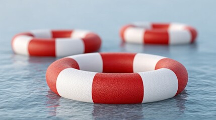 Floating candy-striped lifebuoys beckon under cerulean skies, evoking maritime nostalgia and World Oceans Day pondering sea rescue tales