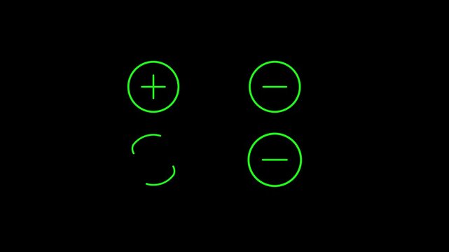 neon green minus sign icon animation glowing on black background, minimal circle button symbolizing remove, subtract, collapse, negative action for user interface, math, technology or explainer videos