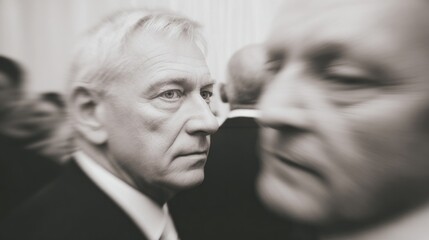 Amidst a blur of motion, a contemplative Caucasian man embodies introspection at a corporate masquerade, akin to Epiphany musings