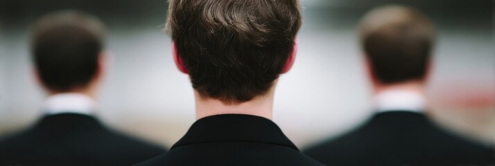 A trio of enigmatic figures in identical suits, evoking twinship vibes, ideal for Doppelganger Week or Opposite Day