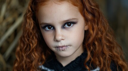 Auburn-haired young girl, Gothic Halloween aura, Celtic Samhain festival vibes, spectral whispers in enchanting autumnal twilight