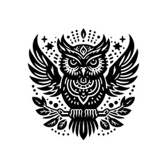 Fototapeta premium Vector art of owl bird drawing isolated on white background in vintage style design