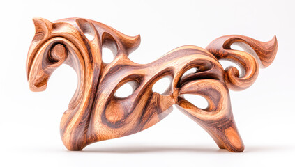 A carved wooden sculpture of an abstract horse, carved from walnut wood with contrasting grain patterns and rich brown tones, creating the illusion that it is in motion.