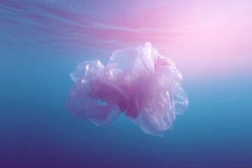Fototapeta premium Enigmatic pink-hued plastic bag drifts like a jellyfish in azure depths, nodding to World Oceans Day and upcycled art celebrations