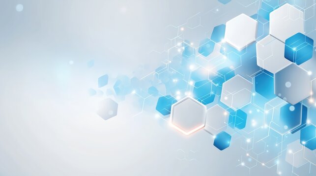 Futuristic Medical Design Featuring Molecular Hexagon Pattern and Blue White Gradient Background - Powered by Adobe