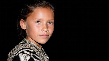A young Latino girl in intricately patterned attire, embodying Dia de los Muertos elegance and cultural tapestry