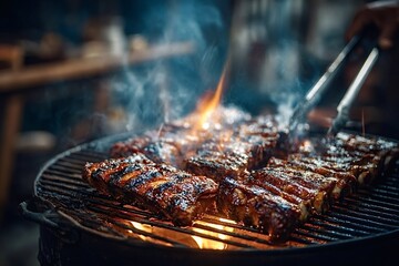 Juicy barbecue ribs are grilling over an open flame, creating appetizing smoke and a delicious aroma, perfect for a summer cookout or backyard party