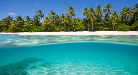 Obraz premium Tranquil turquoise waters meeting powdery white sands, palm trees reaching the blue sky, island