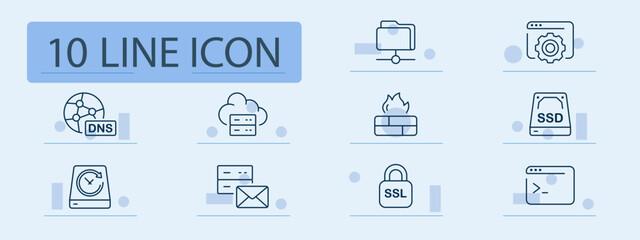 Server and network set icon. Cloud, DNS, firewall, backup, drive, settings, SSL, command, folder, and database tools displayed for digital infrastructure and web technology systems