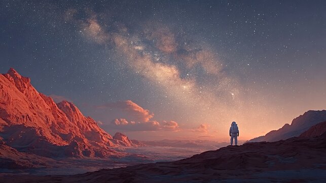 Astronaut stands on a rocky martian landscape, gazing at a breathtaking sunset beneath the milky way, capturing the awe inspiring beauty and vastness of space exploration