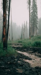 Naklejka premium Whispering fog envelops the pine-clad forest floor, evoking Imbolc mysteries and Earth Day's serene renewal in nature's cradle