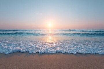 Obraz premium Ethereal sunrise kisses tranquil azure waves, whispering secrets of oceanic dreams and solstice reveries in dawn's golden embrace