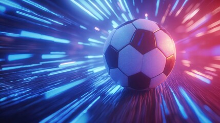 Fototapeta premium Dynamic Soccer Ball amidst streaks of vibrant neon energy and futuristic motion
