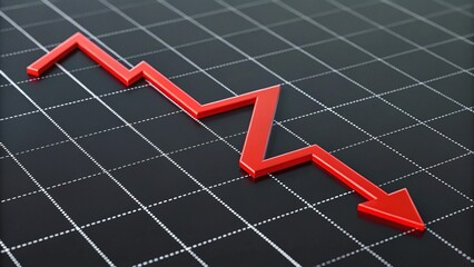 3D red jagged line graph descending on black grid background with downward arrow. Symbolizes stock market crash, financial loss, or economic decline in a clean, serious design.