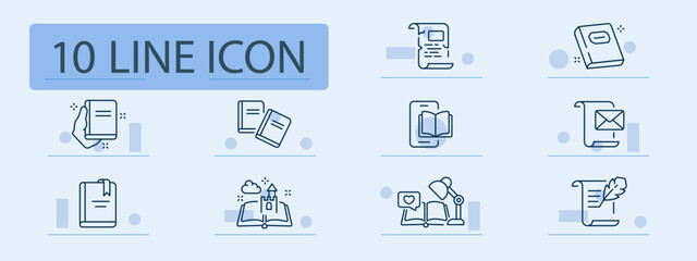 Reading material set icon. Includes books, hands, scrolls, mobile reading, bookmarks, castle, quill, lamp, and speech heart, all relating to literature, storytelling, education, and study.