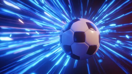 Naklejka premium Energetic football motion amidst vibrant light streaks illuminating victory
