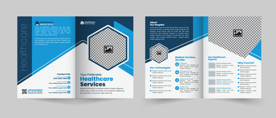 Healthcare service bifold brochure design or Medical, hospital, clinic, and diagnostic center promotion brochure template, Multipurpose template with cover, back, and inside pages layout