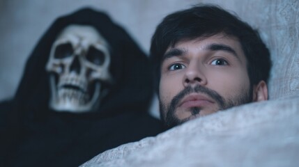 A Latino man nervously faces mortality's embrace with a skeleton during Dia de los Muertos' shadowy reflections