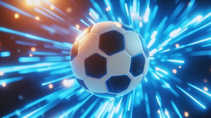 Naklejka premium Energetic Soccer Ball Trajectory with Vibrant Blue and Orange Light Streams