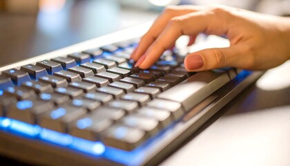 Typing on keyboard with blue led backlighting close up view