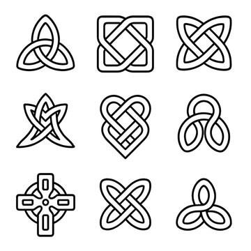 Celtic Knot Icon Mosaic. Line style icons of Celtic Knot Patterns: triskel knot, endless knot, shield knot, Dara knot, love knot,