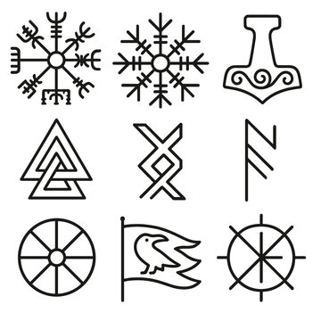 Viking Symbol Icons. Line style icons of Viking Symbols and Runes: vegvisir compass, helm of awe, Mj&ouml;lnir pendant, valknut knot,
