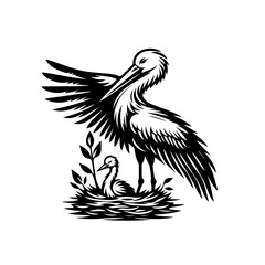 Fototapeta premium Vector art of stork with baby in nest isolated on white background in black and white